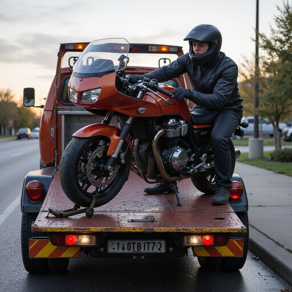 Man on a motorcycle being towed on a flatbed truck. The bike is orange, and the man wears a helmet.