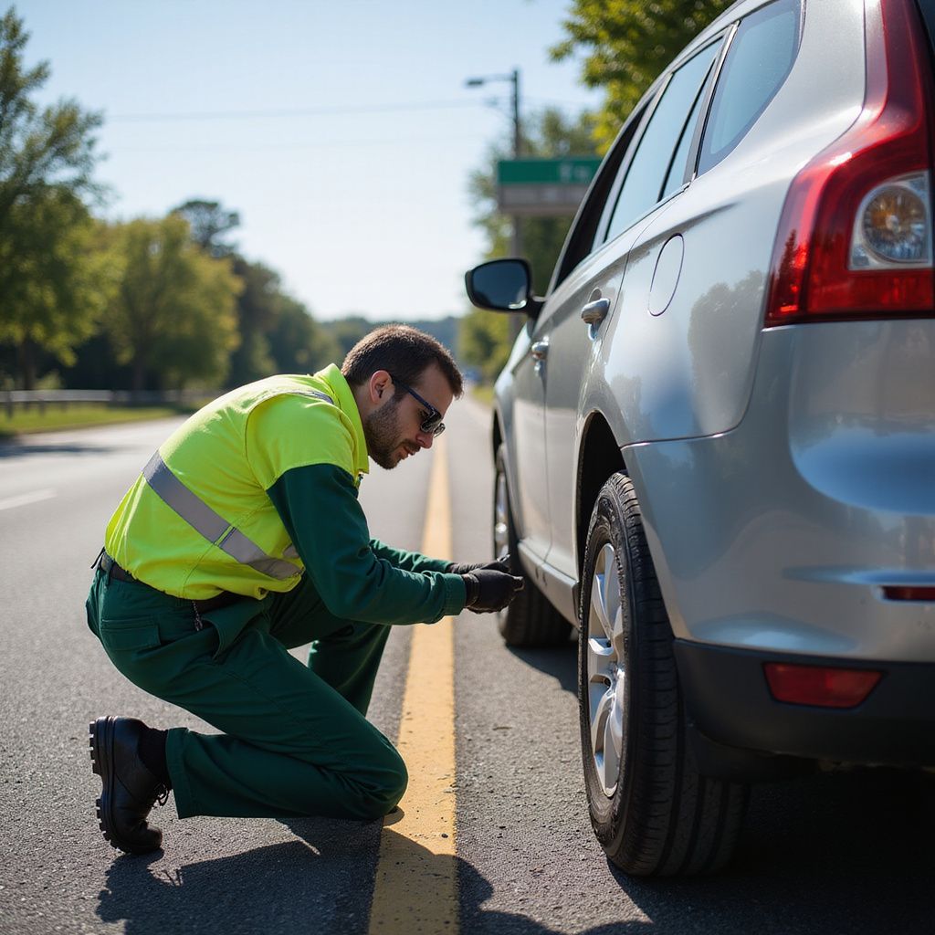 Man in safety vest kneeling, changing a flat tire on a silver car on a road.