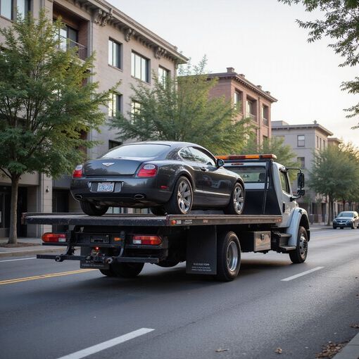 Bentley coupe on a flatbed tow truck on a city street.