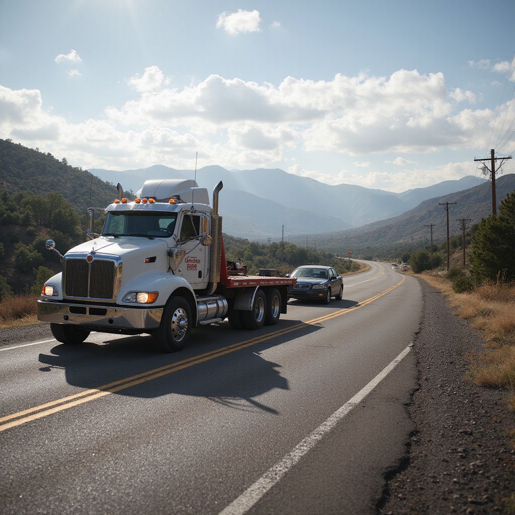White semi-truck and silver car driving on a mountain road under a partly cloudy sky.