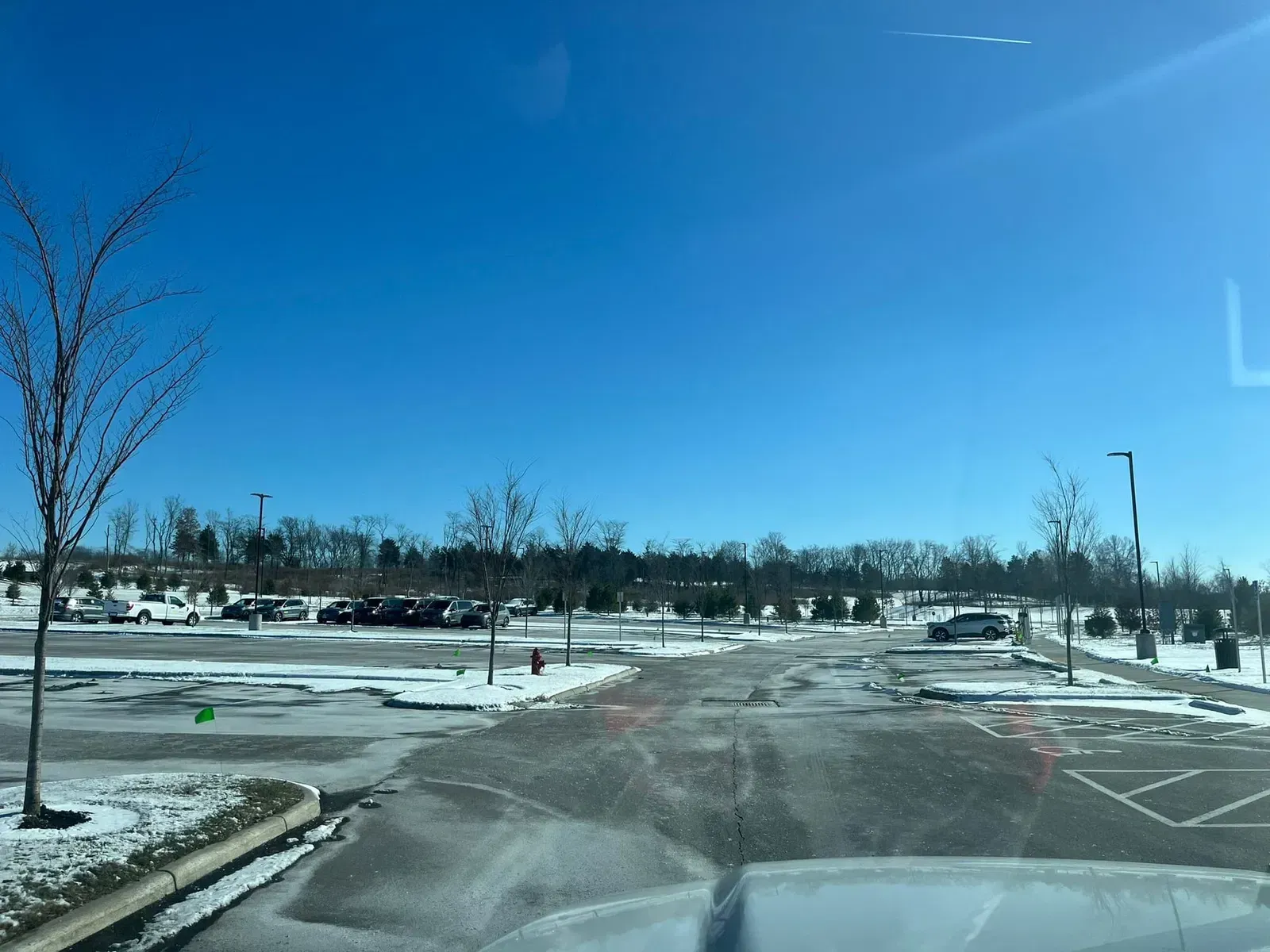 Snowy parking lot under a clear blue sky, bare trees in the foreground.
