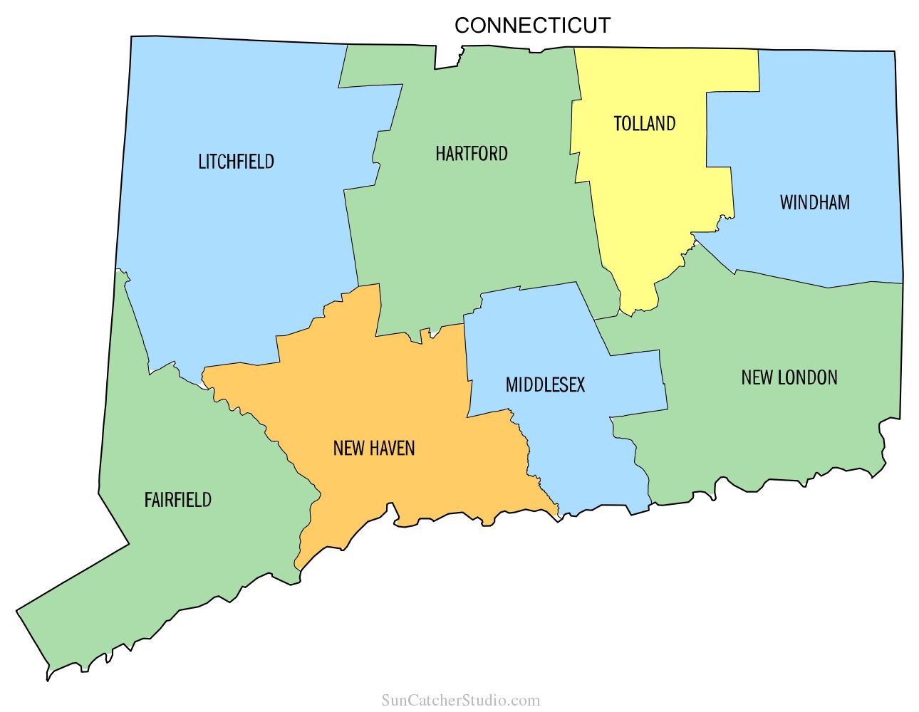 A map of connecticut is shown in different colors