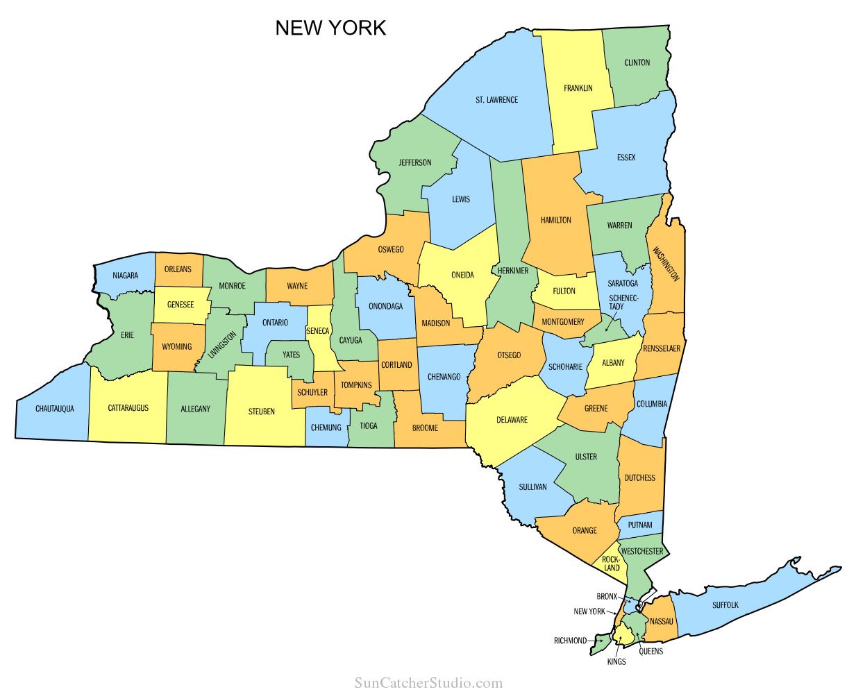 A map of new york is shown in different colors