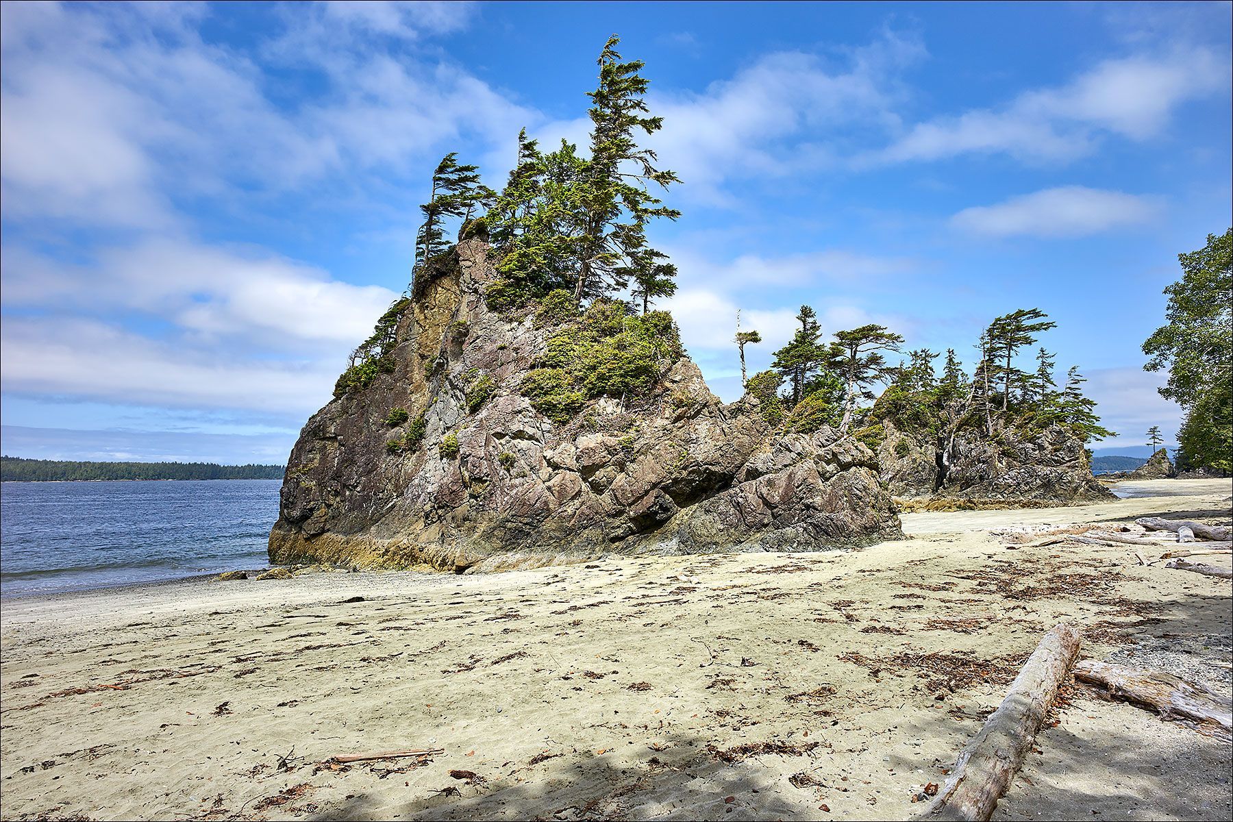 A beach with a large rock in the middle of it