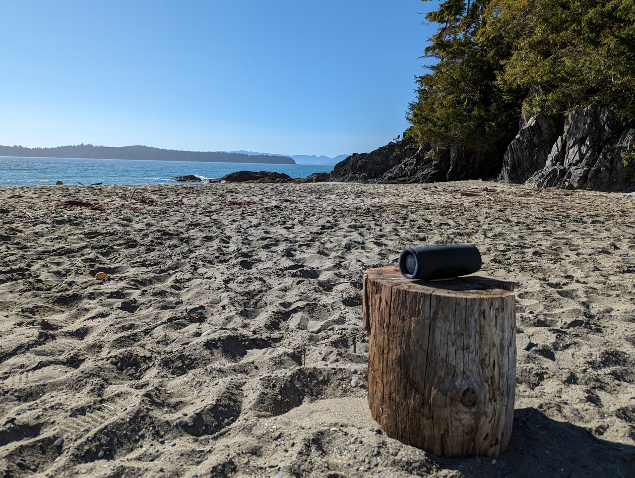 A wooden stump on a sandy beach next to the ocean.