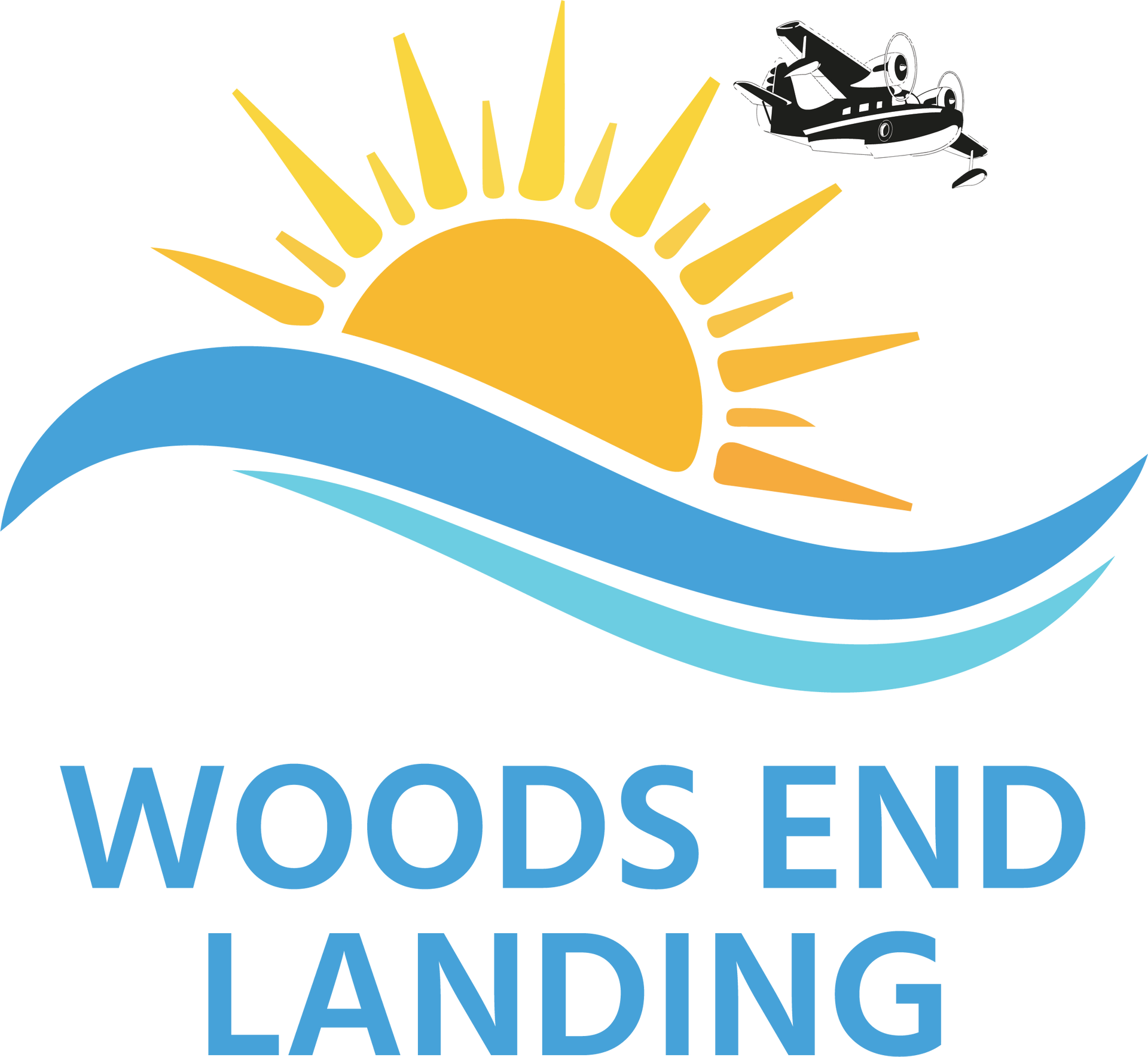 A logo for woods end landing with a sun and waves