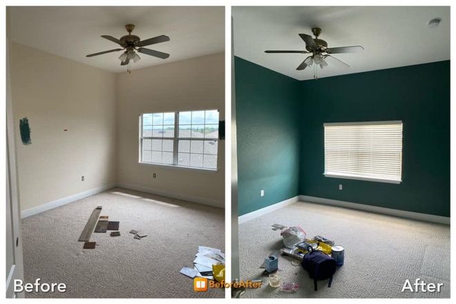 Room before and after painting. Left shows beige walls, right shows green walls. Both have a ceiling fan.