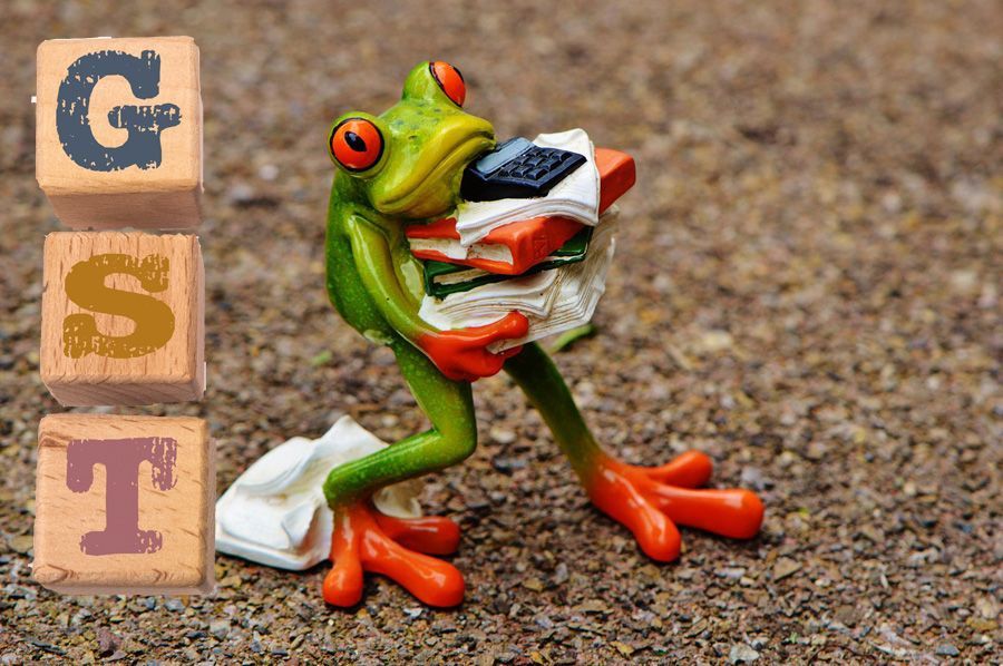 Frog carrying calculator, paperwork next to blocks spelling out GST