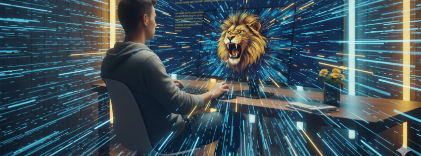 A man sits at computer desk,  interacts with a roaring lion coming out of screen; lights eminate.