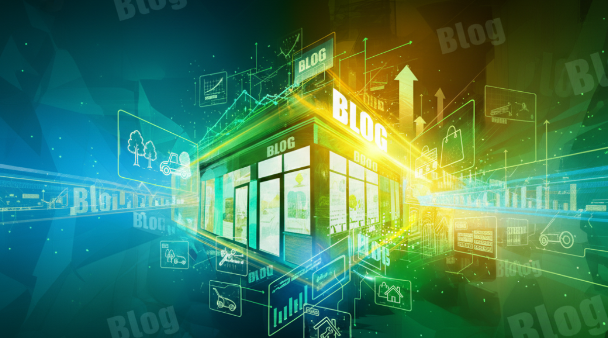 Futuristic storefront, glowing with data visualizations and rising arrow, representing business growth and innovation.