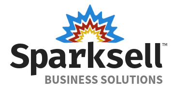 A logo for sparksell business solutions with a sun in the middle