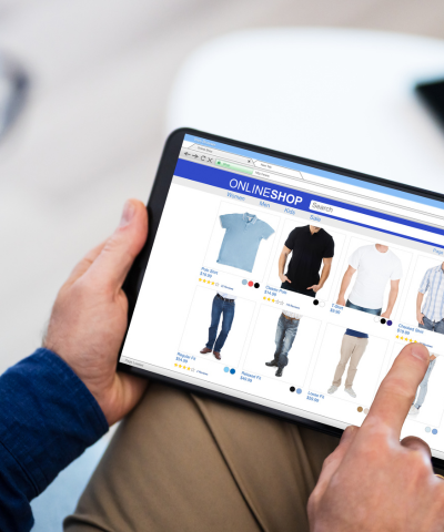 A person is using a tablet to browse an online ecommerce shop