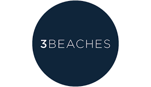 A blue circle with the words `` 3 beaches '' written inside of it.