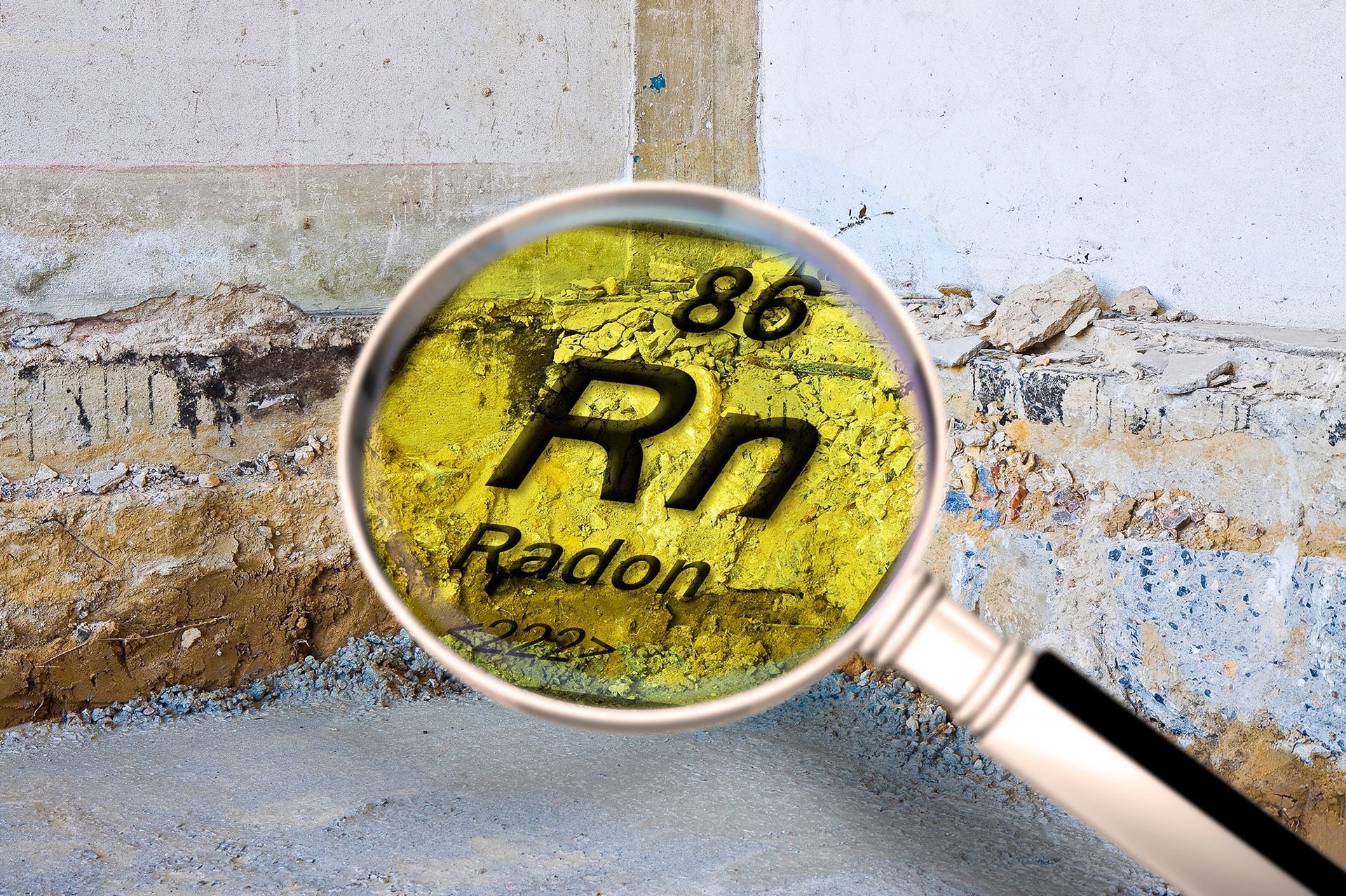 A magnifying glass shows the chemical element radon