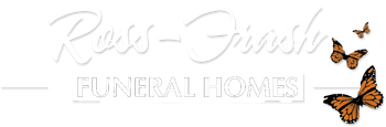 Logo for Ross-Firsch Funeral Homes, with script text and butterflies.