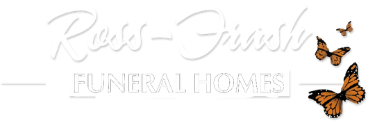 Logo for Ross-Firsch Funeral Homes, with script text and butterflies.