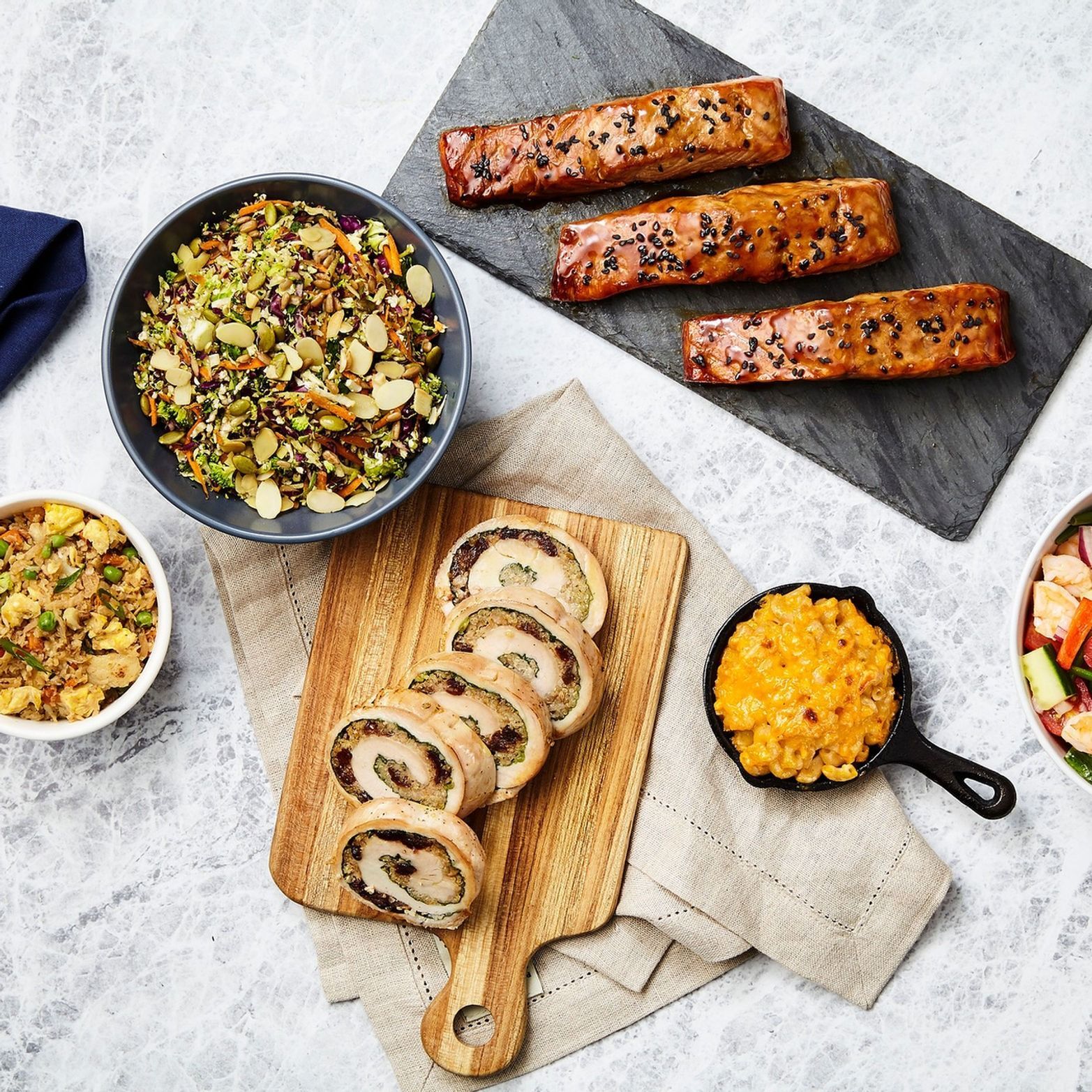 There are many different types of food on the table.