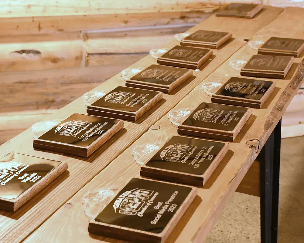 A row of wooden plaques on a wooden table