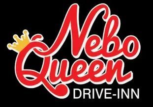 A red and white logo for nebo queen drive inn