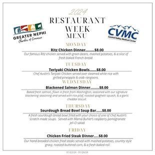 A menu for a restaurant shows the menu for the week.