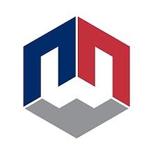 A blue , red , and gray logo in the shape of a hexagon.