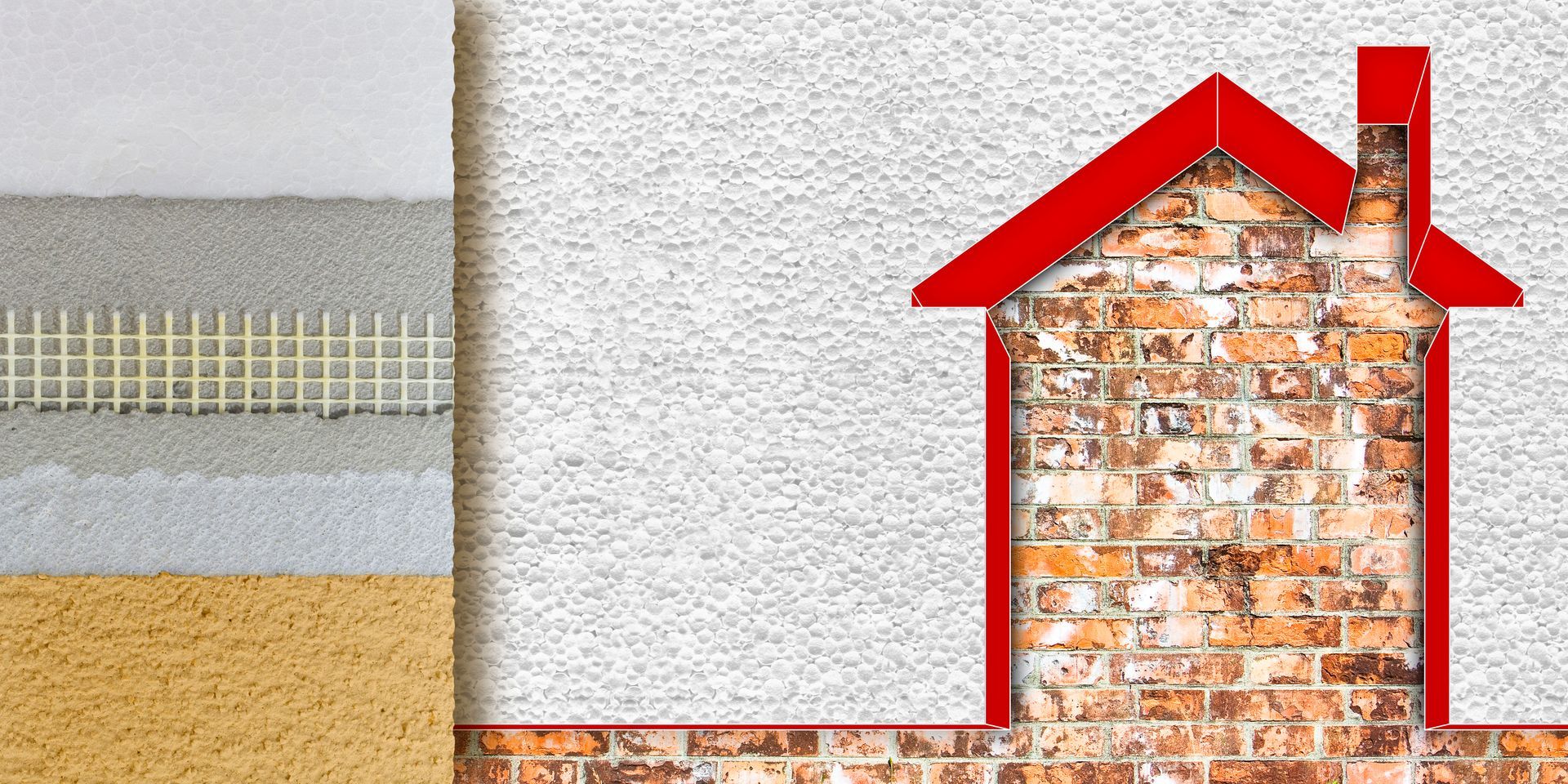 Un disegno di una casa con il tetto rosso su un muro di mattoni.