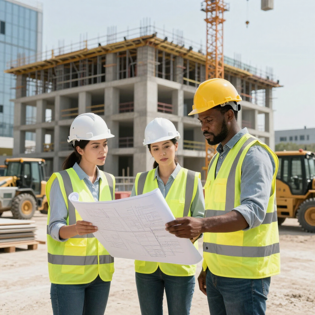 Drie bouwvakkers met veiligheidshelmen en -vesten bekijken bouwtekeningen op een bouwterrein.