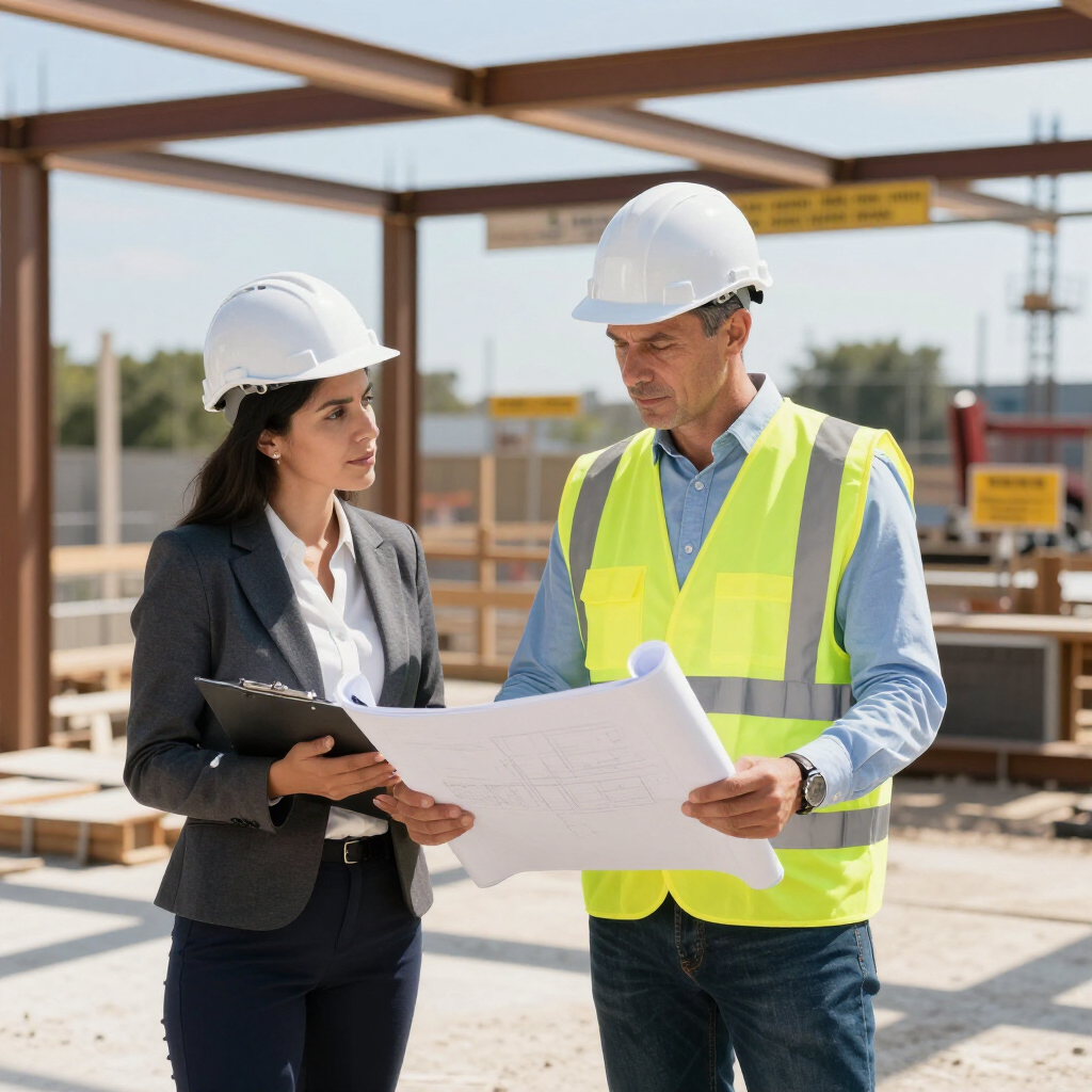 Twee bouwvakkers met veiligheidshelmen bekijken bouwtekeningen op een bouwterrein.