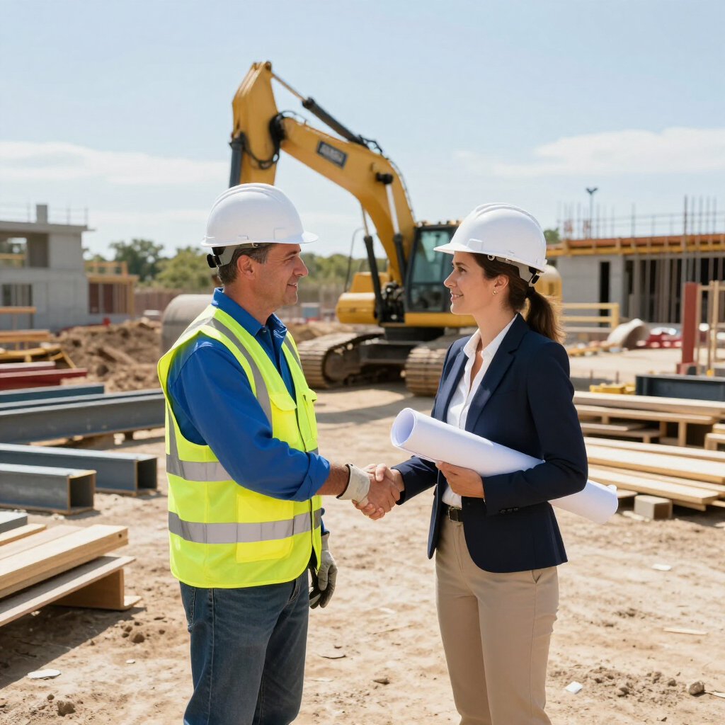 Een bouwvakker en een architect met veiligheidshelmen schudden elkaar de hand op een bouwterrein met een gele graafmachine op de achtergrond.