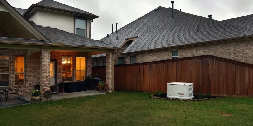 Backyard patio at dusk with warm house lights, green lawn, wooden fence, and air conditioner unit