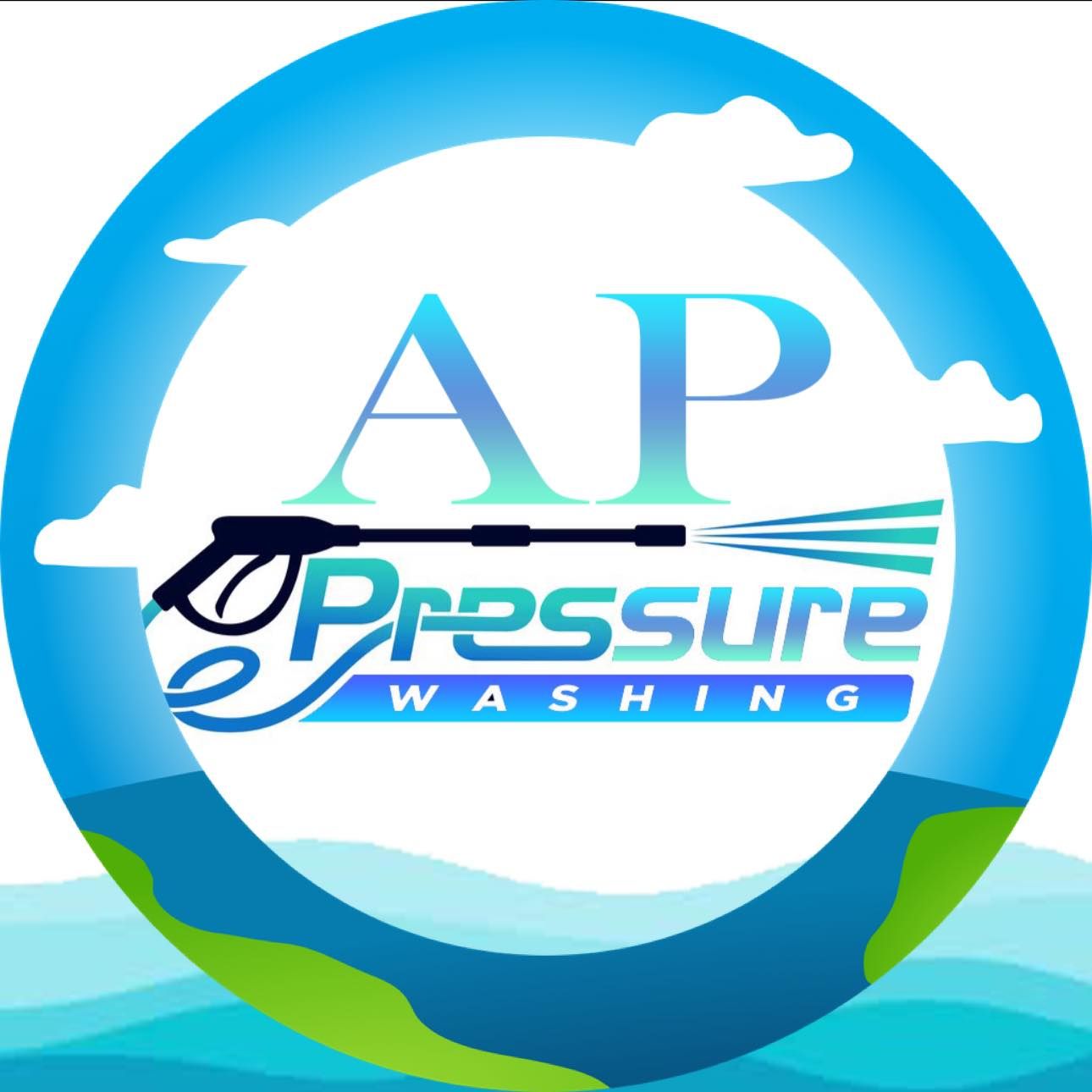 Logo: Blue circle with "AP Pressure Washing" text, a pressure washer spraying water.