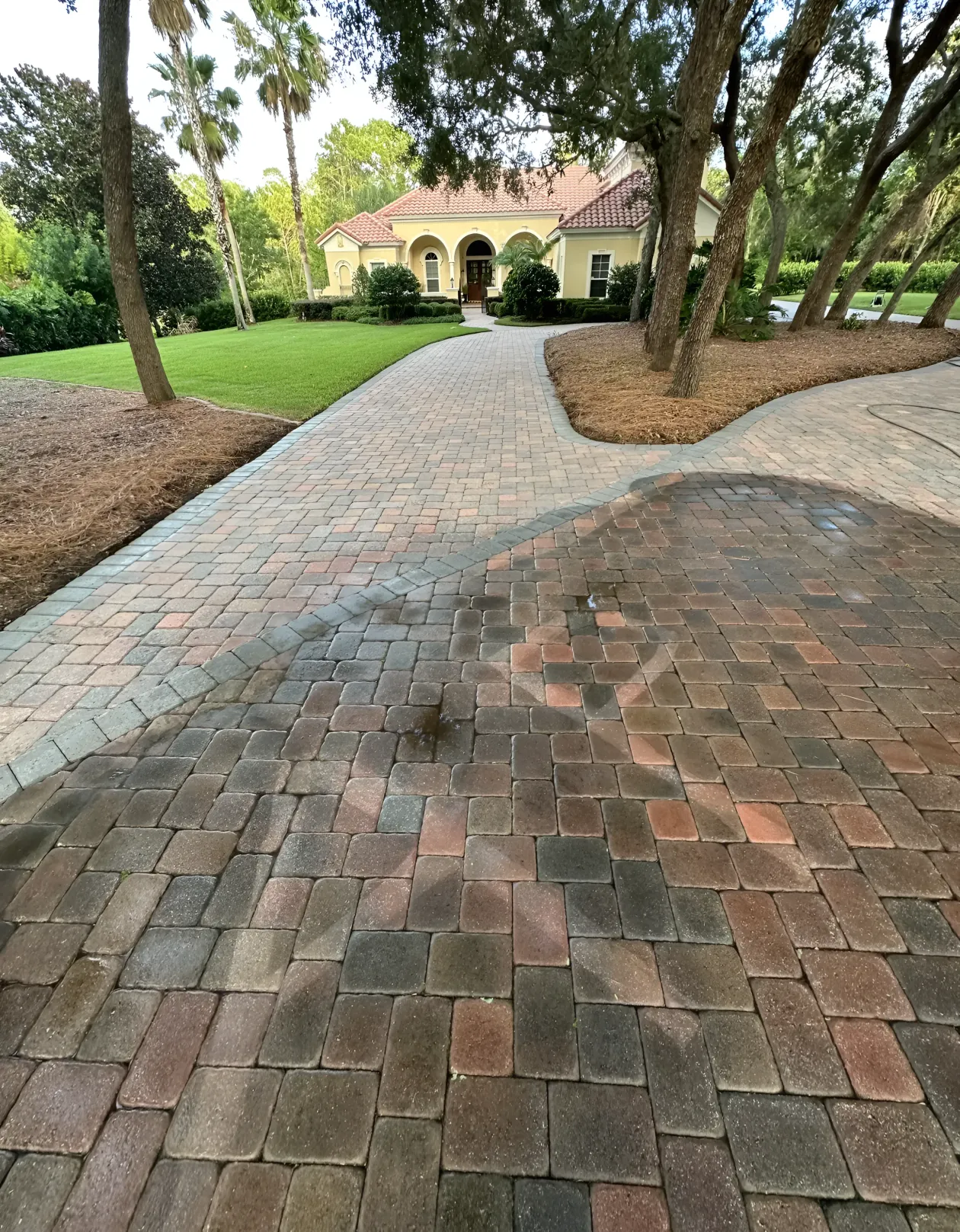 Brick driveway leads to a yellow house with trees on each side.