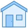 Blue house with a door and window, set against a plain background.