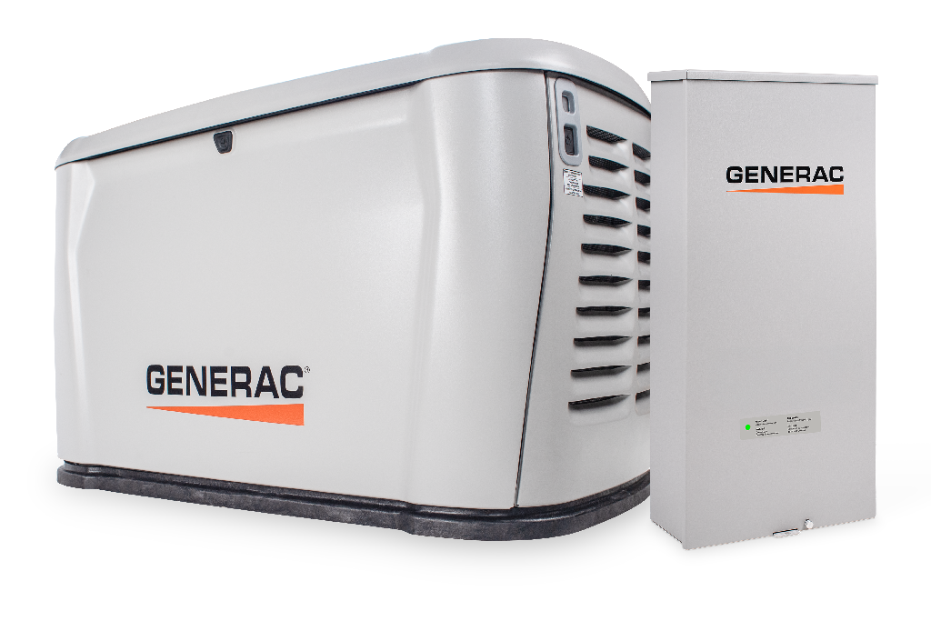 Cream-colored Generac home standby generator with black base, vents, and logo.