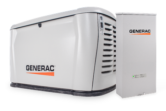 Cream-colored Generac home standby generator with black base, vents, and logo.