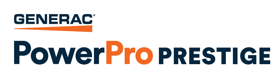 Generac PowerPro Prestige logo in blue, black, and orange on a white background