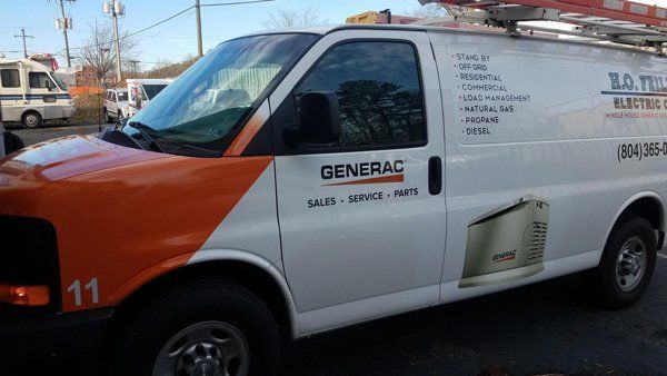 White work van with orange front. Reads “Generac” and “H.O. Fields Electric.”