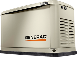 Cream-colored Generac home standby generator with black base, vents, and logo.