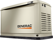 Cream-colored Generac home standby generator with black base, vents, and logo.