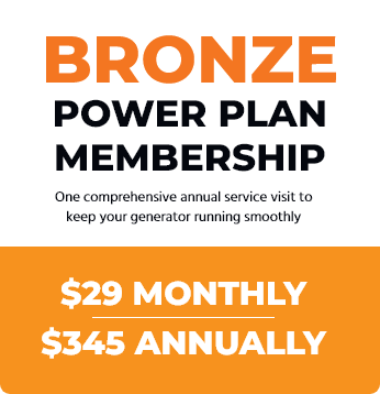 Bronze Power Plan membership advertisement: Orange and black text on white and orange backgrounds promoting a generator service.