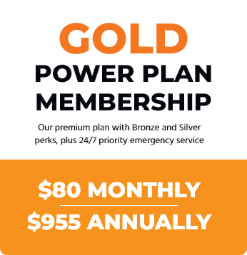 Gold Power Plan membership ad with pricing: $80 monthly or $955 annually, includes 24/7 priority emergency service.