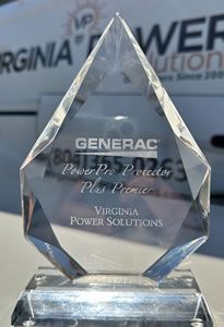 Crystal award for Generac Power Pro Protector Plus Premier, presented to Virginia Power Solutions.