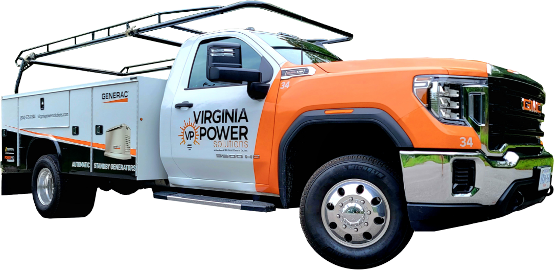 Virginia Power service truck. Orange and white, with ladder rack, in daylight.