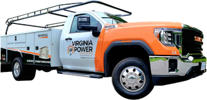 Virginia Power service truck. Orange and white, with ladder rack, in daylight.