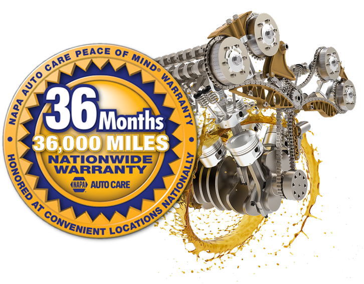 NAPA Auto Care warranty: 36 months or 36,000 miles, nationwide. Engine graphic with oil splash. | Roper Mountain Auto Care
