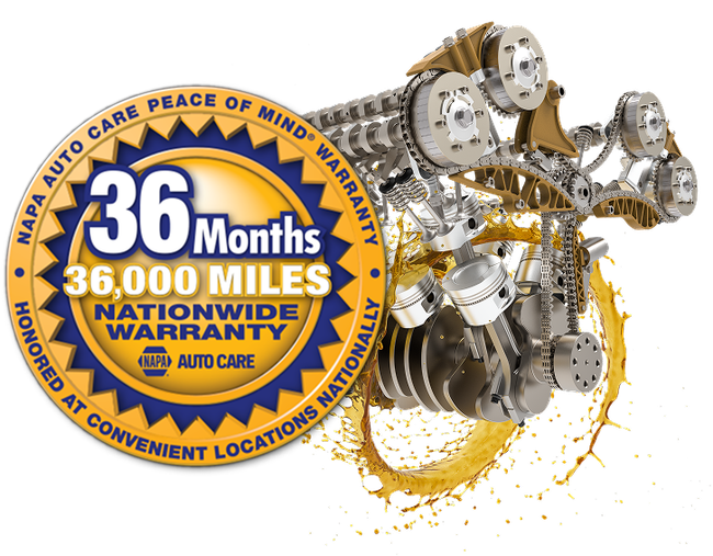NAPA Auto Care warranty: 36 months or 36,000 miles, nationwide. Engine graphic with oil splash. | Roper Mountain Auto Care