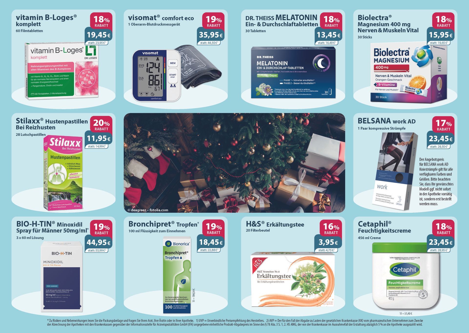 Auf einem Flyer einer Apotheke ist eine Frau zu sehen, die ein Kind im Arm hält.