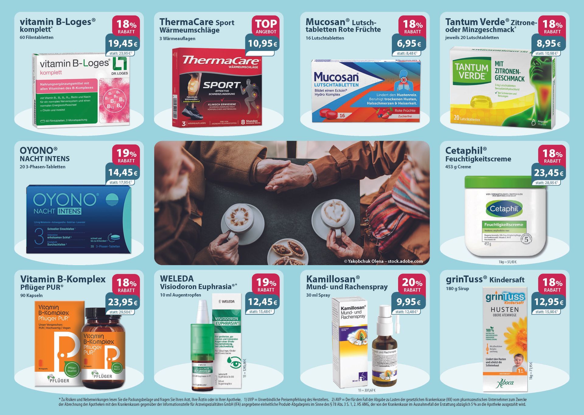 Auf einem Flyer einer Apotheke ist eine Frau zu sehen, die ein Kind im Arm hält.