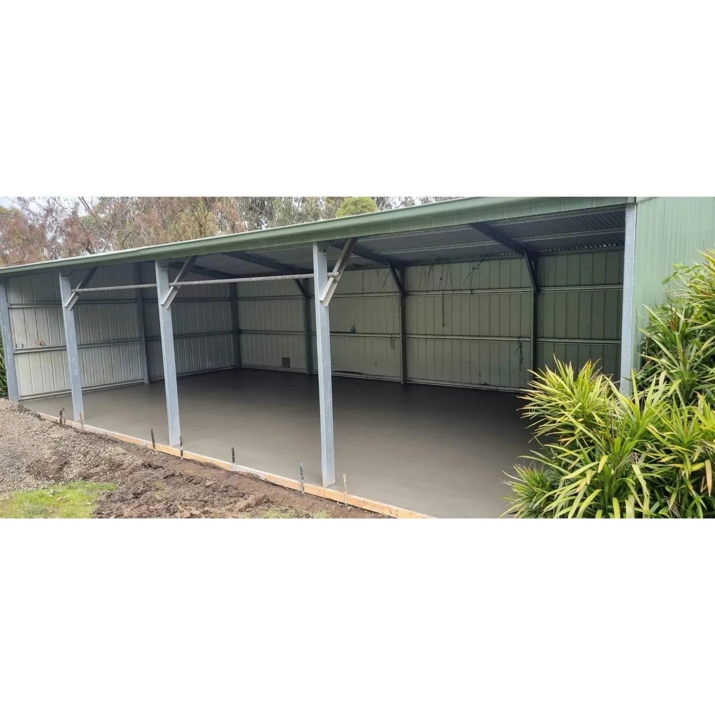 A green metal shed with a concrete floor, viewed from the front. It is outdoors, surrounded by grass and shrubbery.