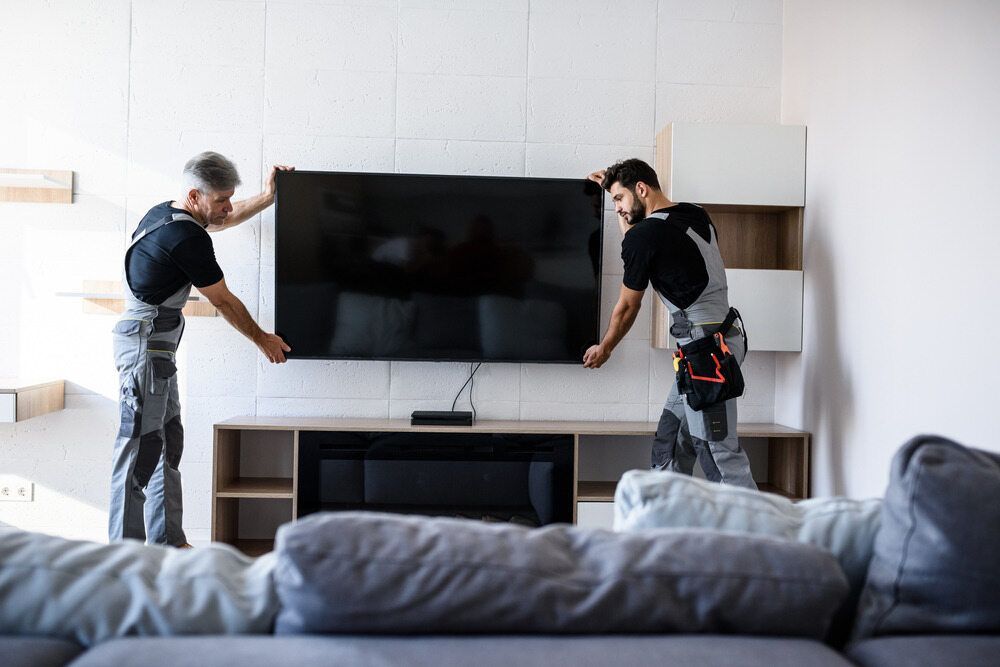 Two Men Are Installing A Flat Screen Tv In A Living Room — Bradshaws Radio & TV Service In Maryborough, QLD